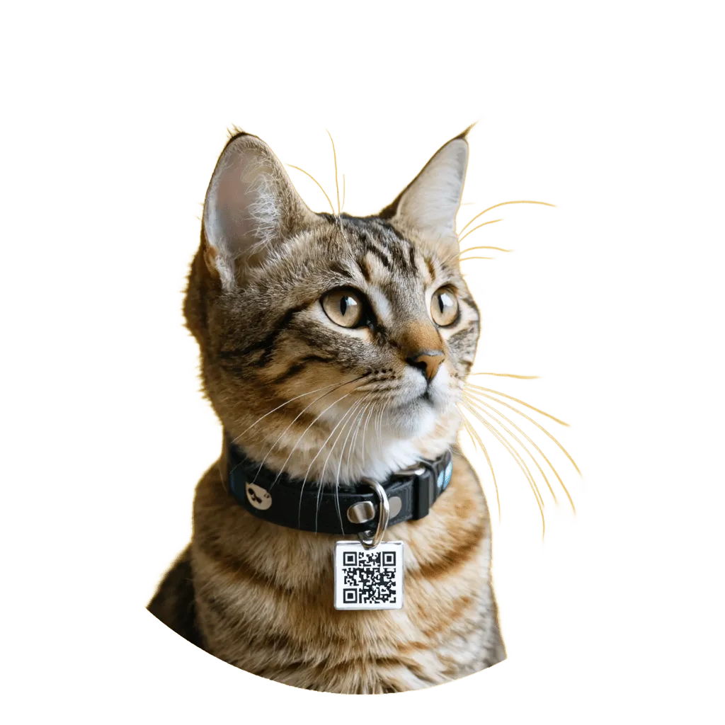 Gato con collar con etiqueta de código QR